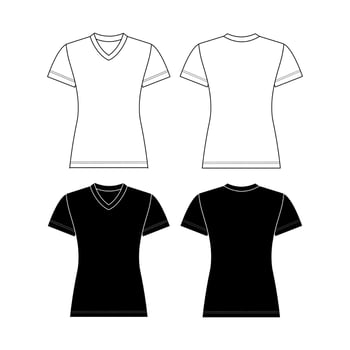Vector short sleeved T-Shirt fashion CAD, woman round, square and V neck top technical drawing, template, flat, sketch. Jersey or woven fabric 4 pieces set t-shirt with front, back view, white color