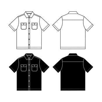 Short sleeve work shirt with patch pocket, roll up sleeve and shirt collar. Digital flat sketch back and front. vector
