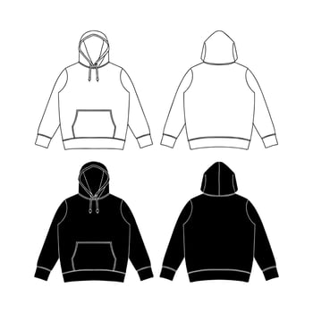Template blank flat Black hoodie. Hoodie sweatshirt with long sleeve flatlay mockup vector illustration flat design outline