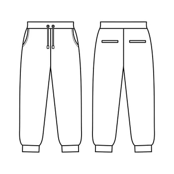 Loose fit joggers. Sweat jogger pants with an elasticated drawstring waist in a relaxed style. Men's casual wear. Vector technical sketch. Mockup template.