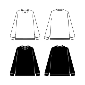 Long Sleeve Shirt fashion flat tehnical drawing template. Unisex T-Shirt fashion template, crew neck, long sleeve, front and back view, white colour, women, men, CAD mockup. vector