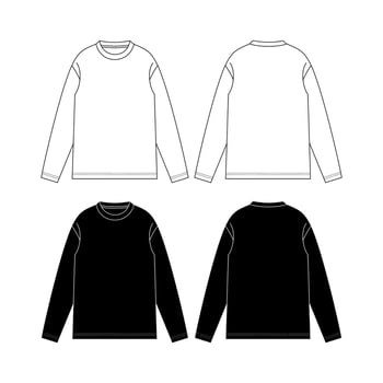Long Sleeve Shirt fashion flat tehnical drawing template. Unisex T-Shirt fashion template, crew neck, long sleeve, front and back view, white colour, women, men, CAD mockup. vector