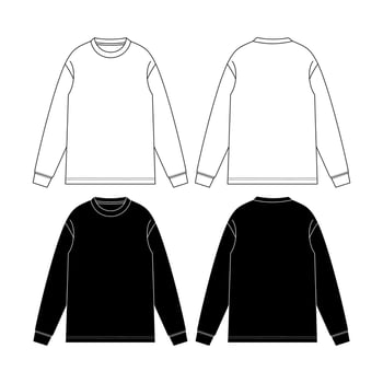 Long Sleeve Shirt fashion flat tehnical drawing template. Unisex T-Shirt fashion template, crew neck, long sleeve, front and back view, white colour, women, men, CAD mockup. vector