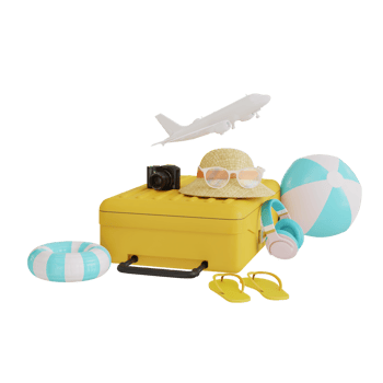 Minimal cartoon flight airplane travel tourism plane trip planning world tour luggage with pin location suitcase and map, leisure touring holiday summer concept. banner. 3d render illustration png