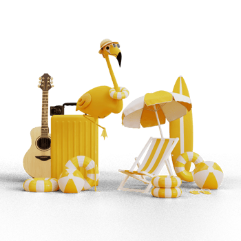3d illustration of suitcase accessory with umbrella chair beach and flamingo on transparent background png