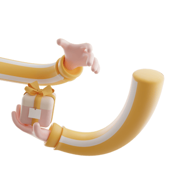 cartoon human arm giving pink gift box 3d illustration. Hand holding gift box design element on transparent background png