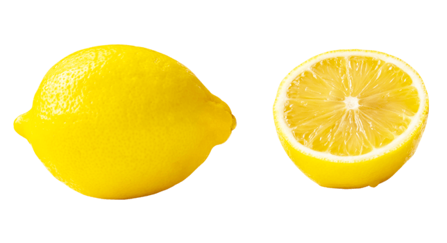 Single fresh beautiful yellow lemon with half in set isolated in png file format Front view and flat lay
