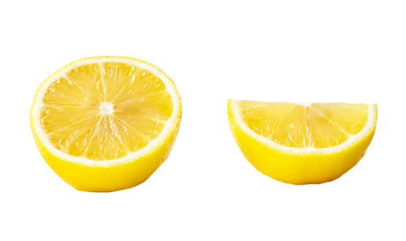 Fresh beautiful yellow lemon half with quarter in set isolated with clipping path in png file format. Front view and flat lay