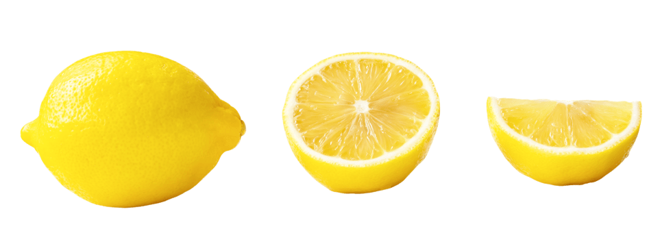 Set of whole yellow lemon with half and quarter slice isolated with clipping path png