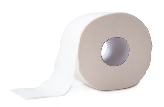 Single roll of white tissue paper or napkin prepared for use in toilet or restroom isolated with clipping path and shadow in png file format