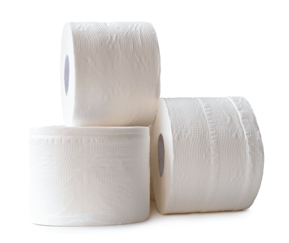 Three rolls of white tissue paper or napkin in stack prepared for use in toilet or restroom isolated with clipping path and shadow in png file format.