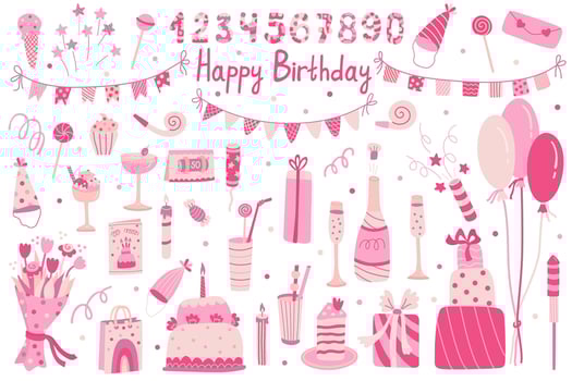 Birthday party decorations set. Cakes, party hats, lettering, gift boxes. Hand drawn flat illustration pink color. Great illustrations for birthday cards, posters vector