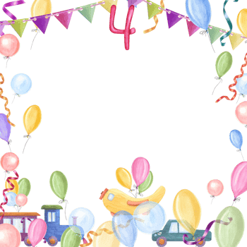 Square frame with kid wooden train, car, plane. Colored balloons, ribbons, number 4. Flag garland. Wooden toys. Watercolor illustration for kid birthday, party, greeting card. Space for text. png