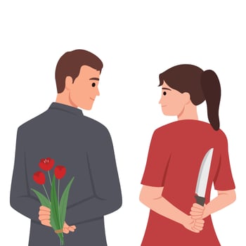 Man and woman look into eyes holding knife and flowers behind their backs. vector