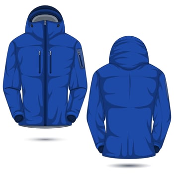 Blue outdoor hooded jacket mockup front and back view. Mountain jacket, waterproof jacket, adventure jacket vector