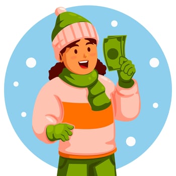 Girl Wearing Winter Clothes Holding a money vector
