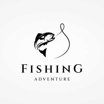 Fishing club Logo design with creative angler and jumping fish. vector