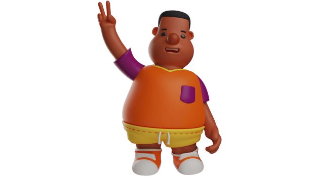 3D illustration. Adorable Fat Boy 3D Cartoon Character. Fat boy standing and showing peace pose using his fingers. Cute fat student smiling sweetly facing forward. 3D cartoon character png