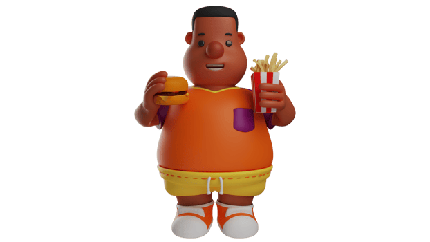 3D illustration. Fat Little Boy 3D Cartoon Character. Guy standing holding burger and fries. The fat guy felt hungry and ended up buying a lot of food. 3D cartoon character png