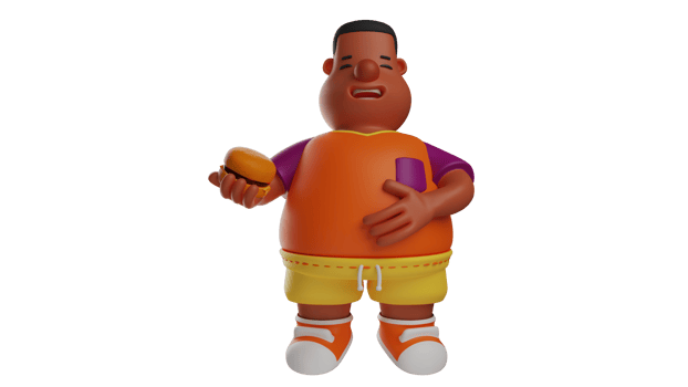 3D illustration. Fat Guy 3D Cartoon Character. The fat guy stood up while stroking his full stomach. The student who has brown skin is holding a big burger. 3D cartoon character png