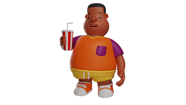 3D illustration. Fat Boy 3D Cartoon Character. Fat boy feels exhausted. Thirsty fat boy is holding a cold drink. Chubby student showing the expression of enjoying his drink. 3D cartoon character png