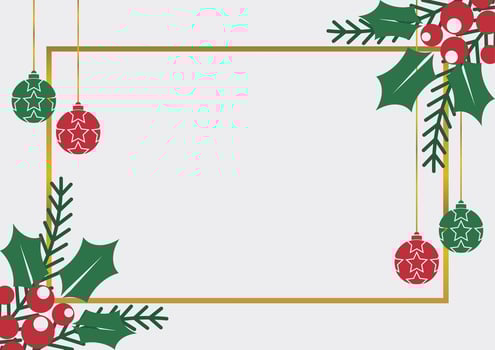 Christmas greeting card with pine leaves, holly and ball icons. free copy space area, vector design for poster, banner, social media, web.