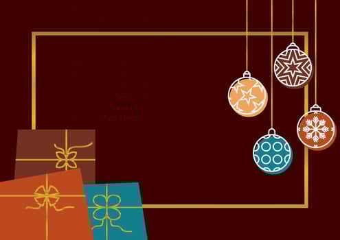Christmas poster with gift box ornaments and balls. free copy space area, vector design for greeting cards, banners, social media, web.