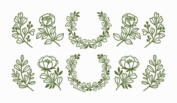 Vintage hand drawn flower wreath and logo element collection vector