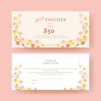 Gift voucher. Coupon template with colorful flower decoration. elegant aesthetic design. good for boutique, jewelry, floral shop, beauty salon, spa, fashion, flyer, banner design. vector