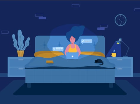 Womens freelance. Girl with laptop in headphones lying on the bed. Concept illustration for working, studying, education, work from home, healthy lifestyle. Vector illustration in flat style.