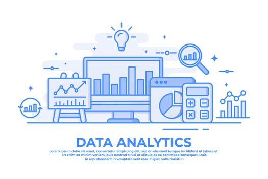 Flat illustration of data analytics for website banner, Business analysis, market research, product testing, data analysis concept, Data report vector