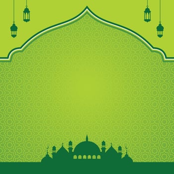 green islamic background design with mosque and lanterns shape, islamic background template vector