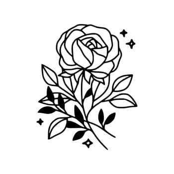 Hand drawn rose flower and leaf branch line art vector illustration design