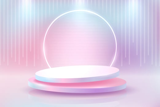 Round podium on a light colored background with neon lighting. Vector illustration.