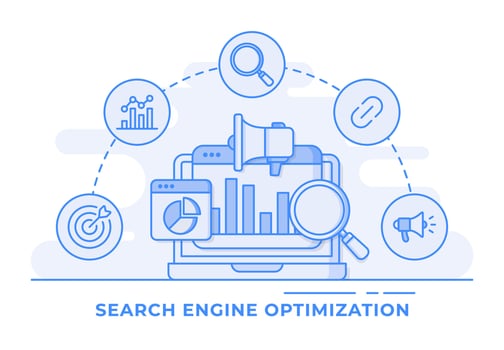 SEO search engine optimization, SEO performance, targeting and monitoring, SEO marketing analytics concept for landing page, web banner, mobile application, web design, vector