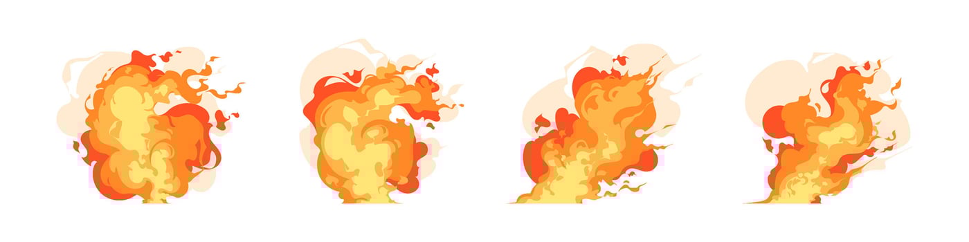 set of burning fire splashes comic game effect, explosion, smoke, blaze, and flame illustration vector