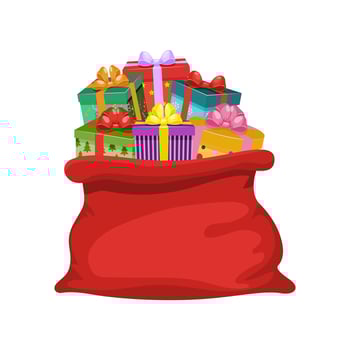 Red sack of Santa Claus full of gifts. Large open bag with gift boxes. Traditional Christmas and New Year symbol, attribute of Santa Claus. Vector illustration.