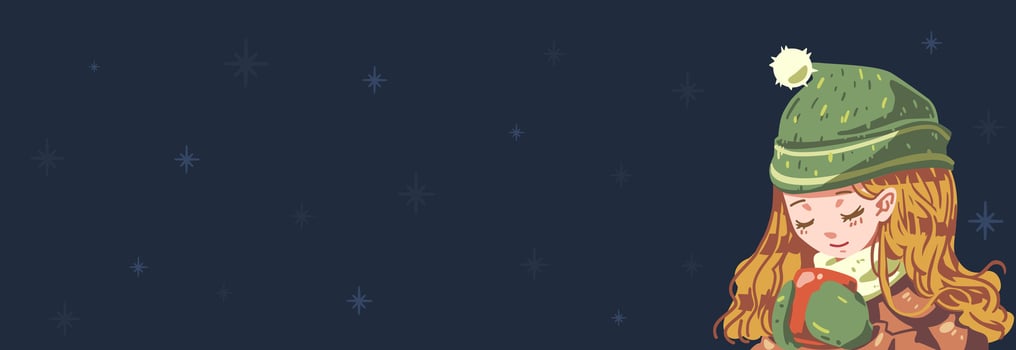Cute blond hair girl drink a hot cup of cofee, tea, milk or any drink in cold starry night sky vector illustration. Happy winter.