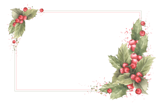 Watercolor painted card of holly leaves and red berries with aquarelle splashes. Traditional plant for Christmas or New Year decor, winter, celebrate card with template. png
