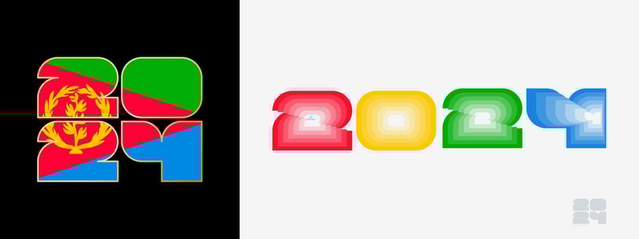 Year 2024 with flag of Eritrea and in color palate of Eritrea flag. Happy New Year 2024 in two different style. vector