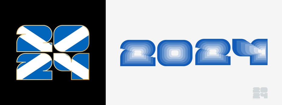 Year 2024 with flag of Scotland and in color palate of Scotland flag. Happy New Year 2024 in two different style. vector