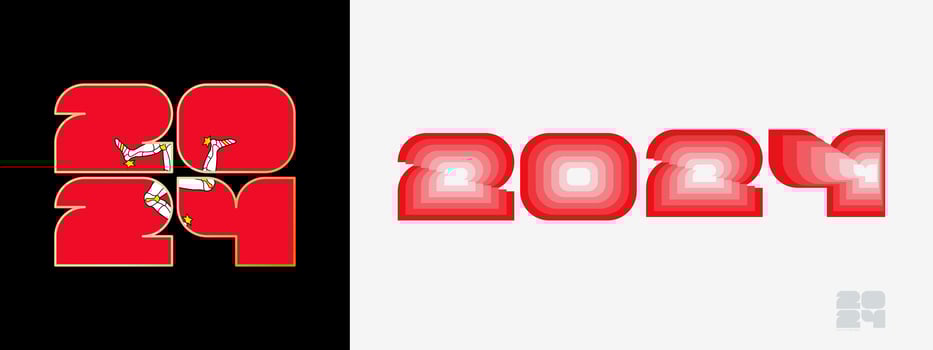Year 2024 with flag of Isle of Man and in color palate of Isle of Man flag. Happy New Year 2024 in two different style. vector
