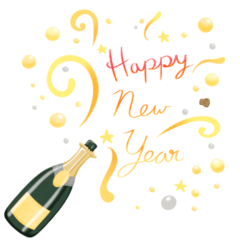 Hand draw champagne bottle exploding with Happy New year massage png