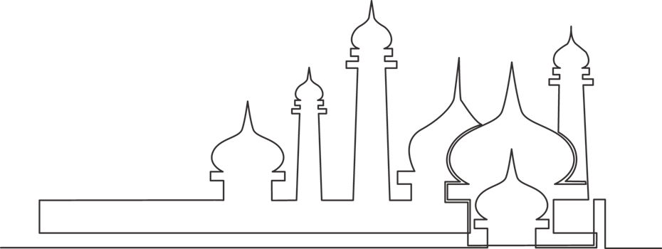 Single continuous line drawing of masjid, masjid dome and masjid tower ornament. Eid Al Fitr Mubarak and Ramadan Kareem greeting card concept one line draw design illustration png