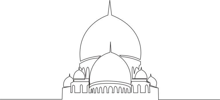 One single line drawing of Islamic historical dome landmark masjid or mosque. Holy place to prayer for Islam people concept continuous line draw design illustration png