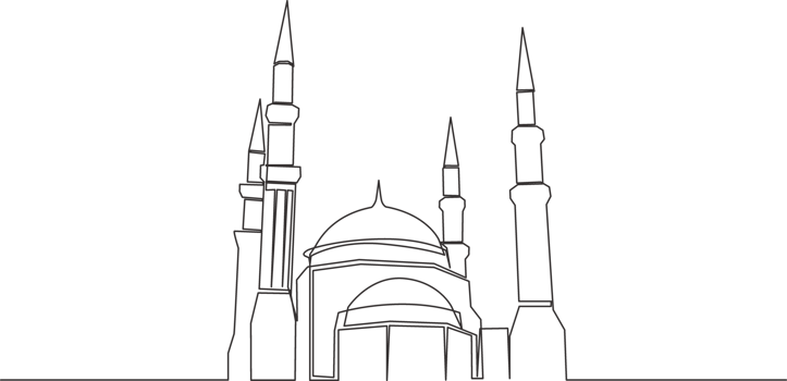 Single continuous line drawing of muslim historical landmark masjid or mosque. Historical construction use as a place of praying for Islamic person concept one line draw design illustration png