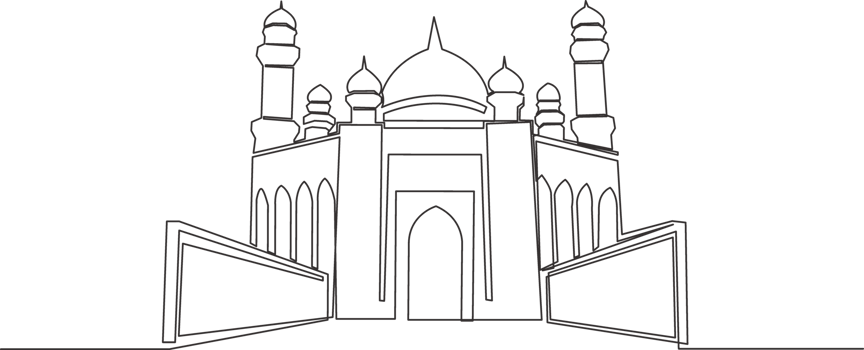 One single line drawing of Islamic historical dome landmark masjid or mosque. Holy place to prayer for Islam people concept continuous line draw design illustration png