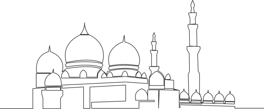One single line drawing of Islamic historical dome landmark masjid or mosque. Holy place to prayer for Islam people concept continuous line draw design illustration png