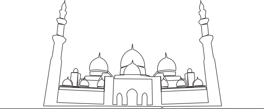 One continuous line drawing of Islamic historical landmark masjid or mosque. The ancient building that works as a place of worship for muslim person concept single line draw design illustration png
