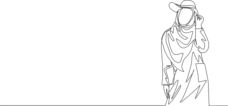 One single line drawing of young happy beauty muslimah wearing cute hat and pose nicely. Beautiful Asian woman model in trendy hijab fashion concept continuous line draw design illustration png